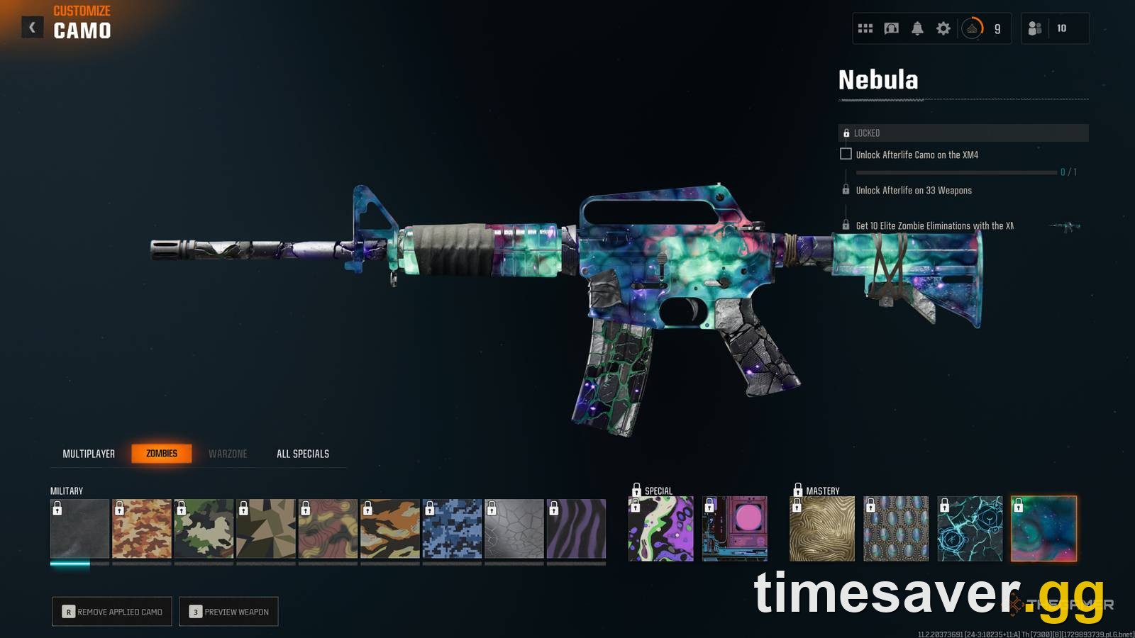 Nebula Mastery camo on the XM4 in Black Ops 6 Zombies, showing the unlock requirements