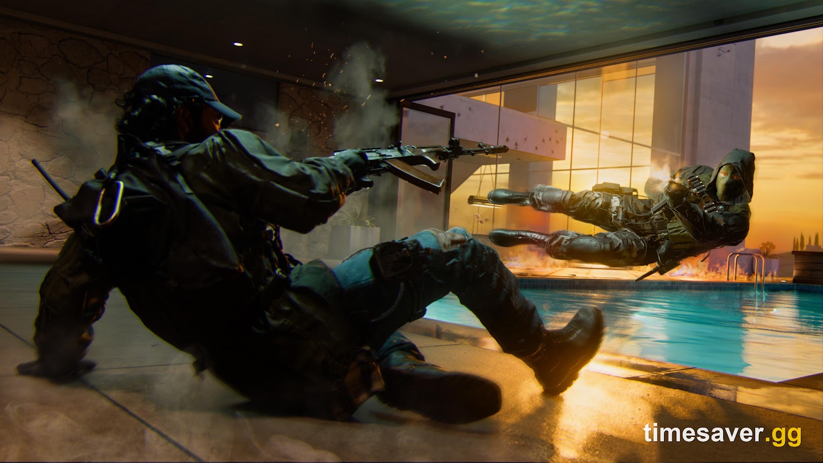 Black Ops 7 Operators in a cinematic firefight around a rooftop pool at sunset