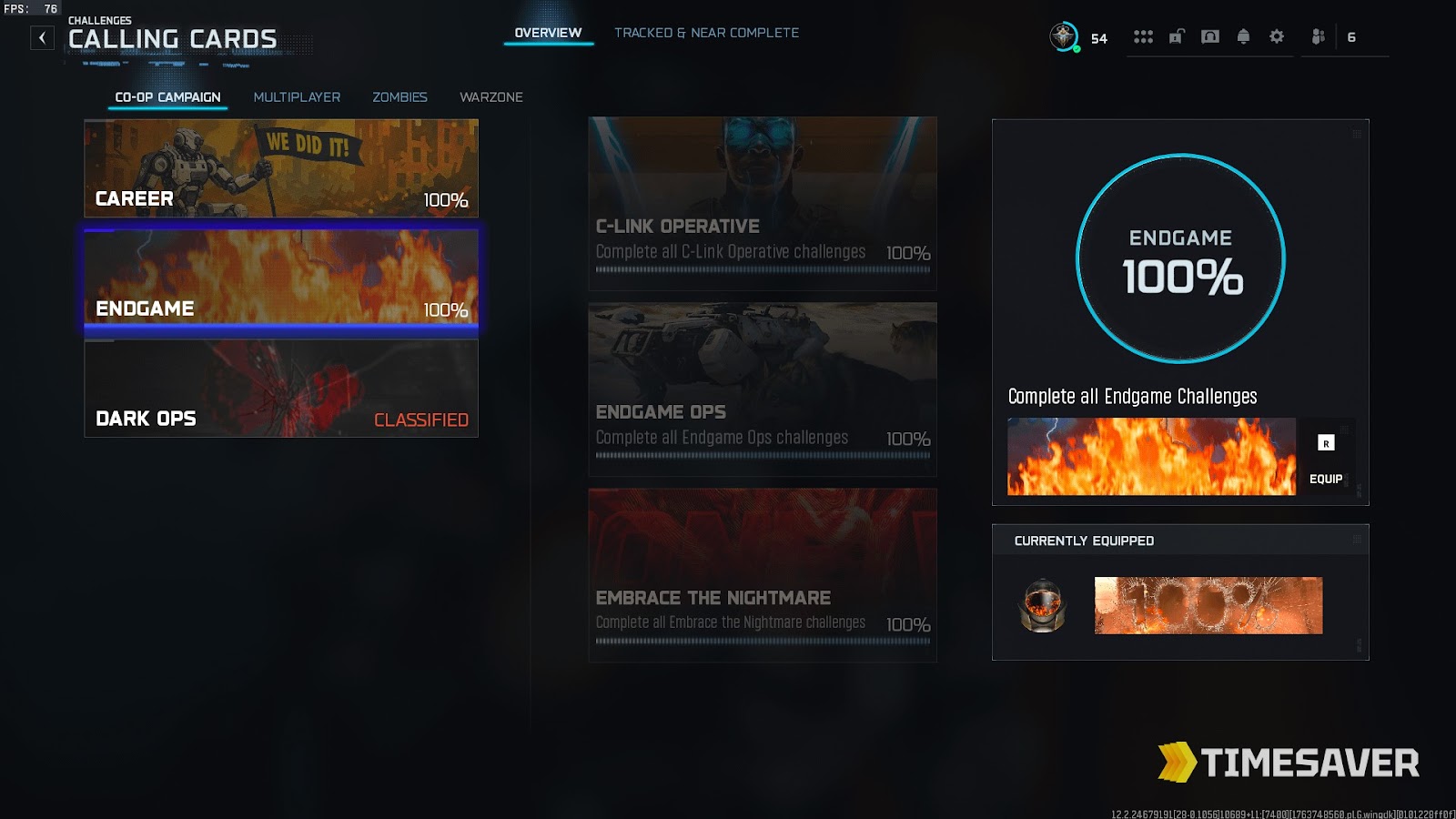 Black Ops 7 Co-Op Campaign Calling Cards menu showing the Endgame category at 100% and the Dark Ops category marked Classified