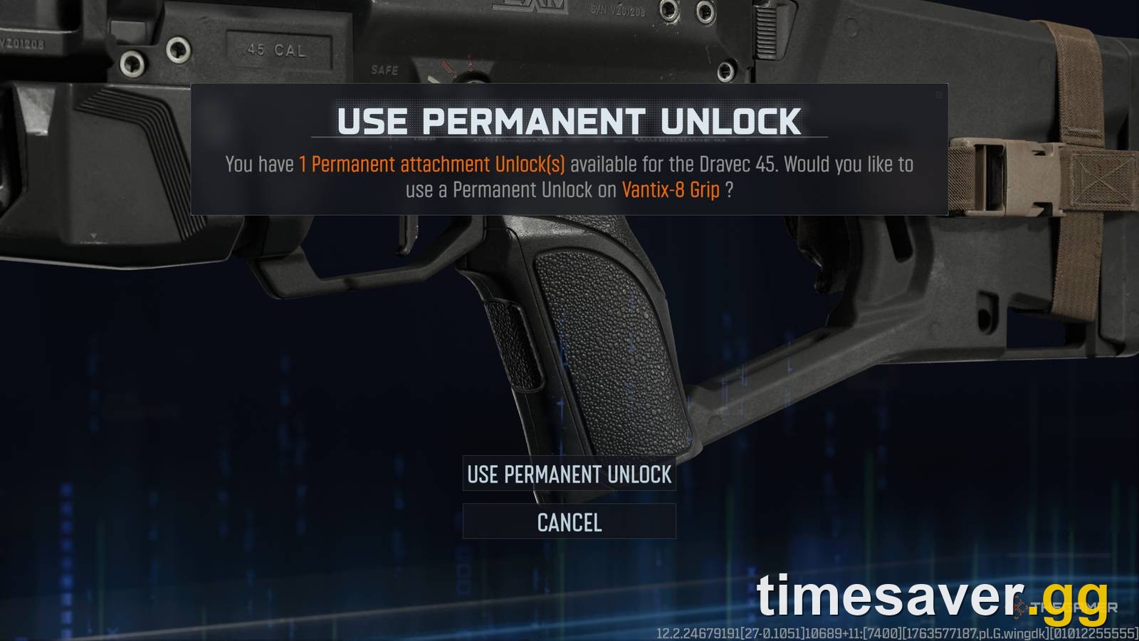 Black Ops 7 Use Permanent Unlock screen — spending a weapon prestige attachment token on the Dravec 45