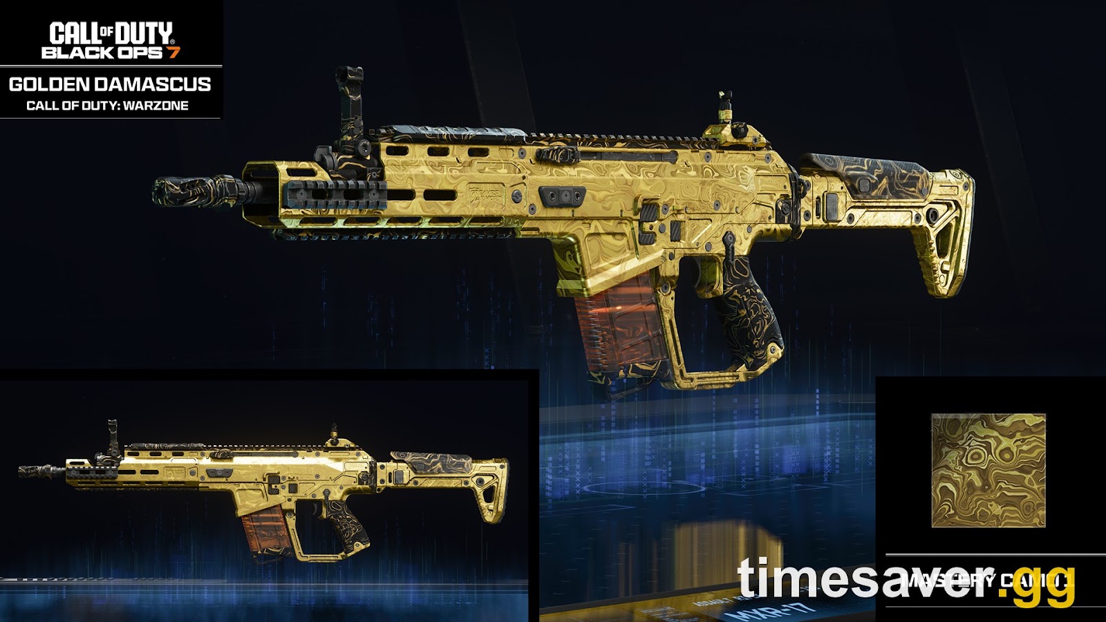 Black Ops 7 Golden Damascus Mastery camo — the polished, wavy gold finish on a Warzone weapon, labelled Mastery Camo 1