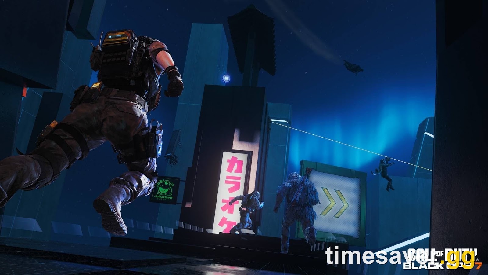 Black Ops 7 Operator sprinting and leaping through a neon Freerun course past directional arrows and a zipline — the Freerun: Descent obstacle course that awards the Gridlock Universal Weapon Camo in Season 05 Reloaded