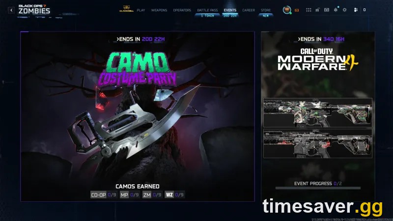Black Ops 7 Season 6 The Haunting Camo Costume Party event splash — animated Halloween mastery camo on a weapon