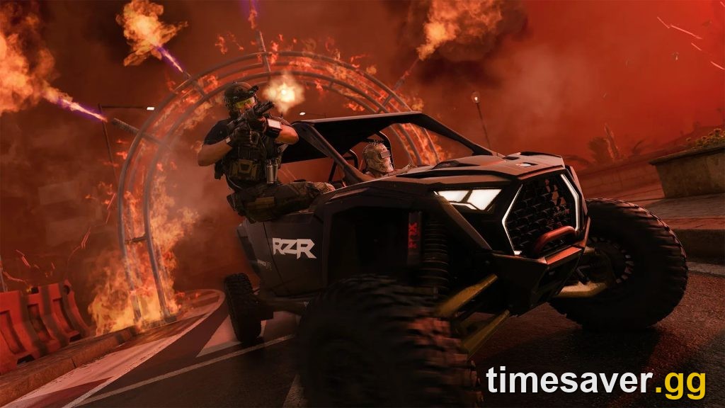 Black Ops 7 Season 5 Burn Run — a bomb-rigged vehicle races through a flaming arch in Endgame's Avalon