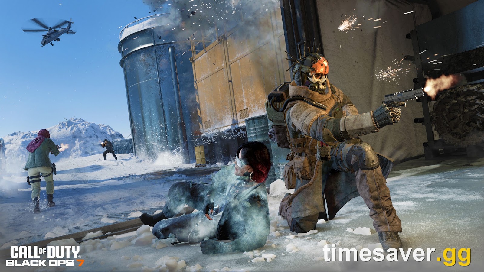 Call of Duty: Black Ops 7 official key art — Operators in a snow-covered facility firefight, Season 5 branding