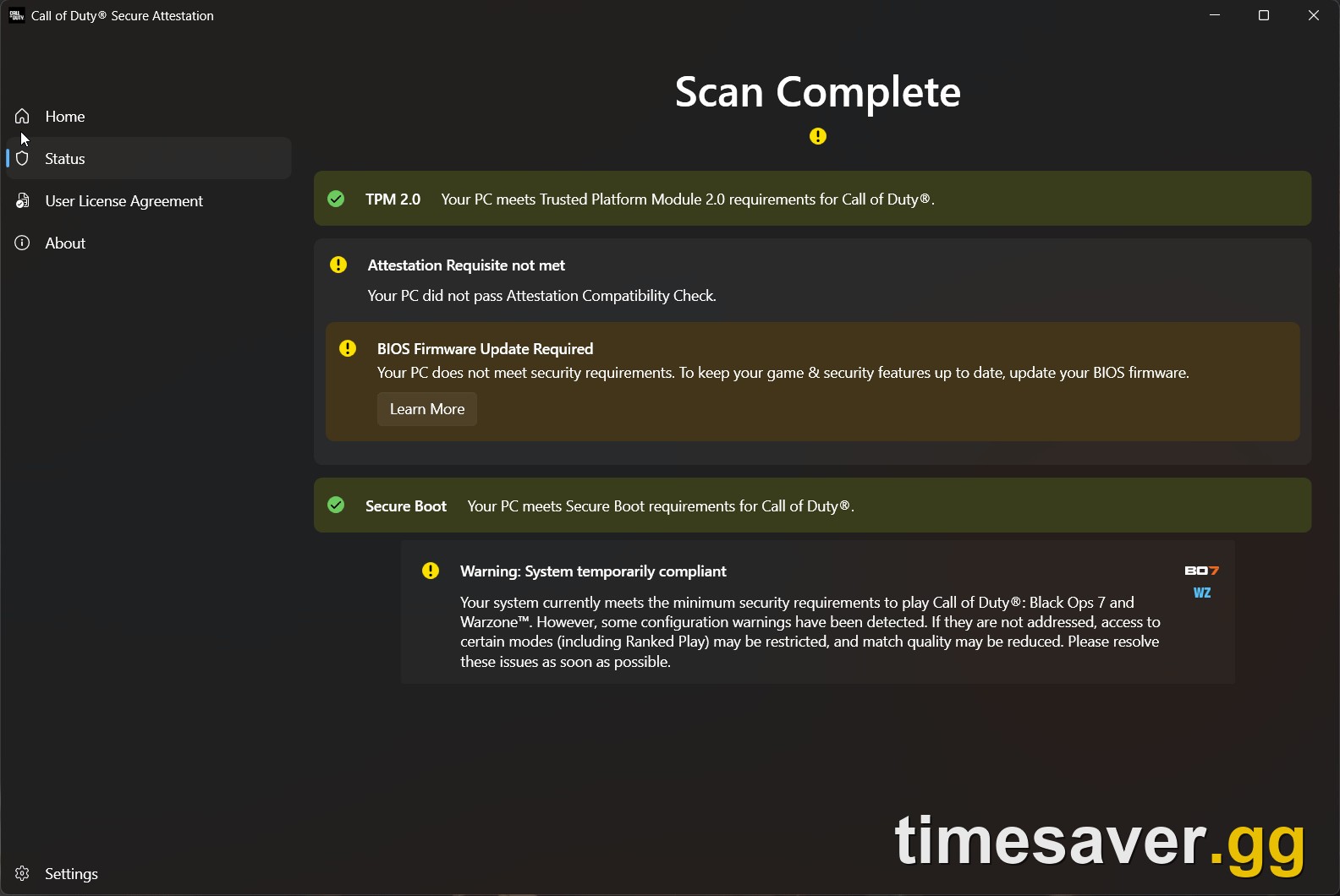 Call of Duty Secure Attestation Wizard scan showing TPM 2.0 and Secure Boot passing but 'Attestation Requisite not met / BIOS Firmware Update Required