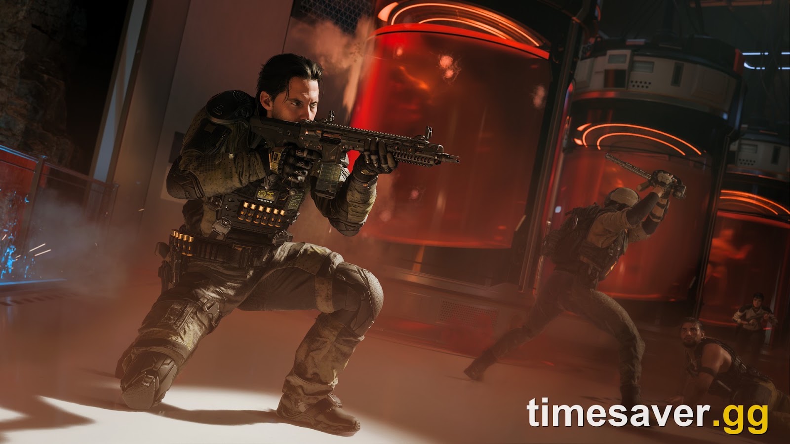 Black Ops 7 multiplayer gunfight — an operator holding an angle against pushing enemies, the kind of one-sided firefight players chase in easy 'bot' lobbies