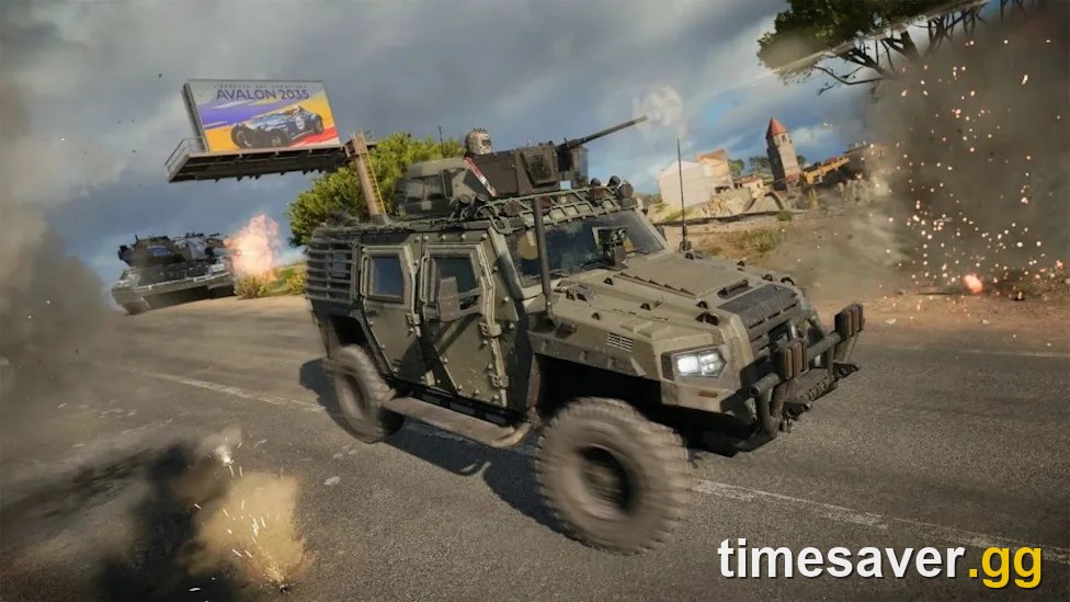 An armored vehicle with a roof-mounted gun tears through explosions in Call of Duty Warzone Season 5 — vehicular combat is the core of the Heavy Metal Heroes limited-time mode