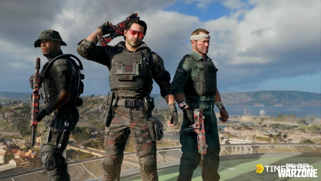 Three Call of Duty: Warzone operators overlooking the Season 4 battlefield