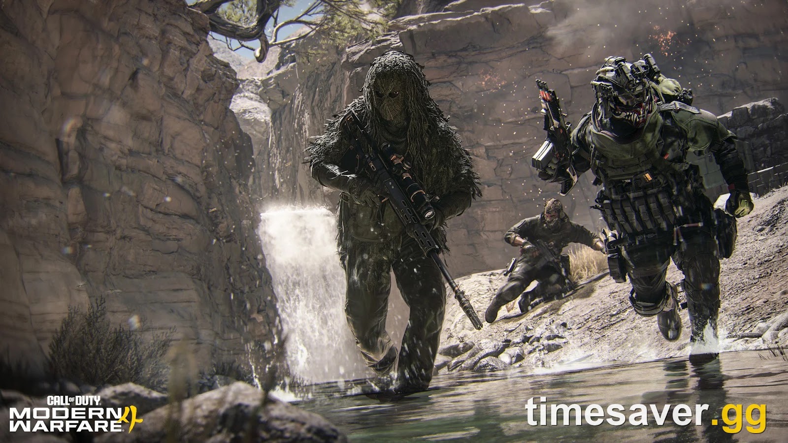 Operators in ghillie suits pushing out of a waterfall cave in the sun-scorched Canyon map from Modern Warfare 4 Season 1