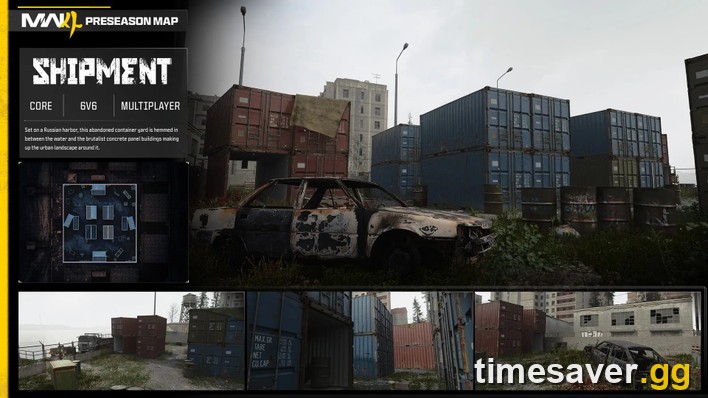 Official Modern Warfare 4 Shipment preseason map intel card showing the container yard on a Russian harbor and the minimap