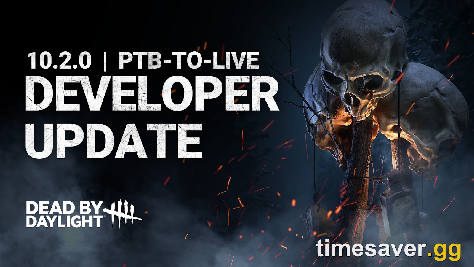 Official Dead by Daylight banner reading 10.2.0 PTB-to-Live Developer Update, with the game's skull and bear trap artwork