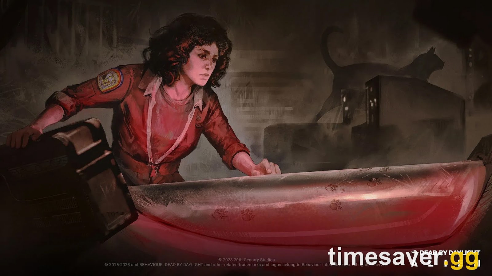 Official Dead by Daylight Alien Chapter key art of Ellen Ripley reaching over a table with Jonesy the cat silhouetted behind her