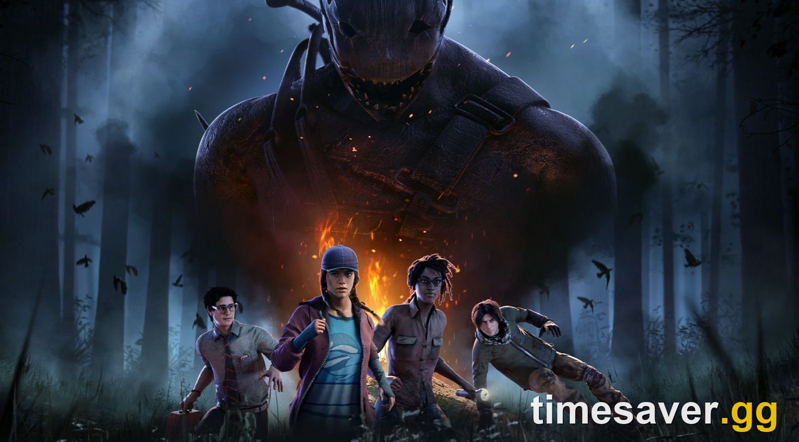 The Trapper looming out of the fog behind four Dead by Daylight survivors at the campfire