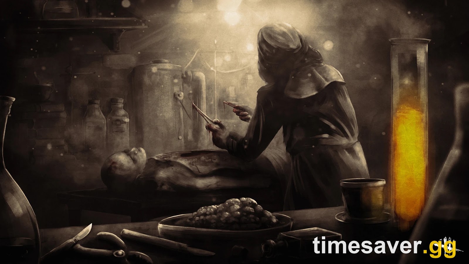 Dead by Daylight lore key art of Talbot Grimes working by lamplight over a body in a cluttered Victorian laboratory, a tall glass cylinder of glowing orange serum beside him