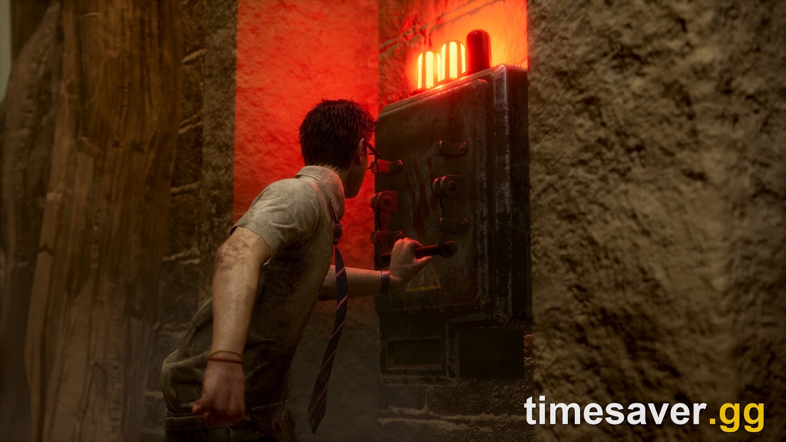 Dead by Daylight survivor pulling the exit gate switch under red warning lights