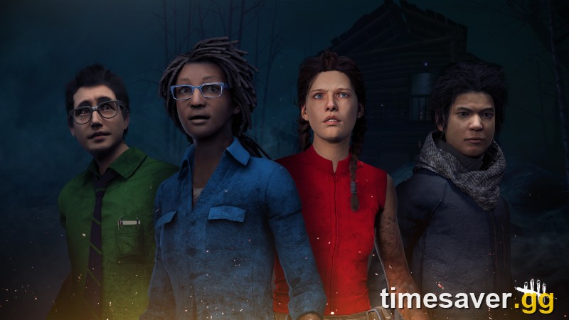 Official Dead by Daylight Cross-Play and Cross-Friends key art showing four Survivors standing together, each lit in a different platform colour