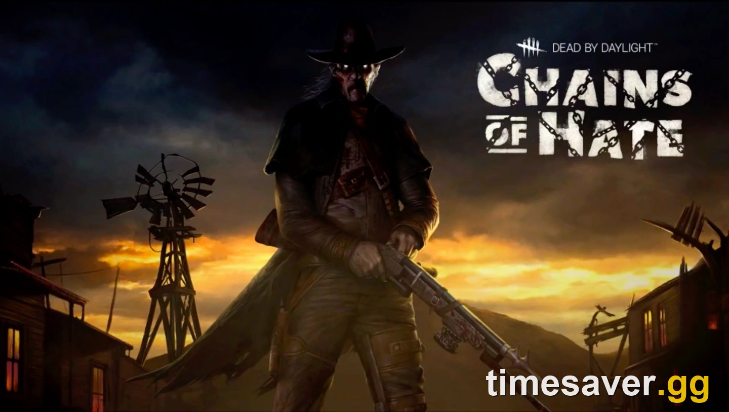The Deathslinger holding his harpoon speargun in a Western ghost town at sunset in the official Dead by Daylight Chains of Hate key art
