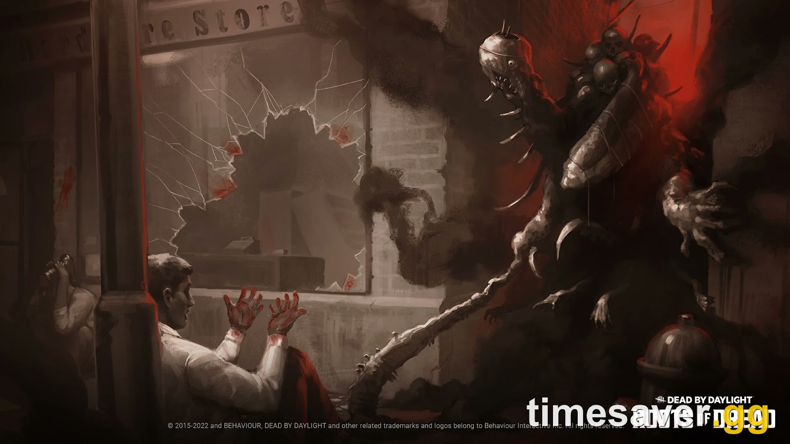 Dead by Daylight Roots of Dread chapter key art showing The Dredge looming over a survivor outside a hardware store