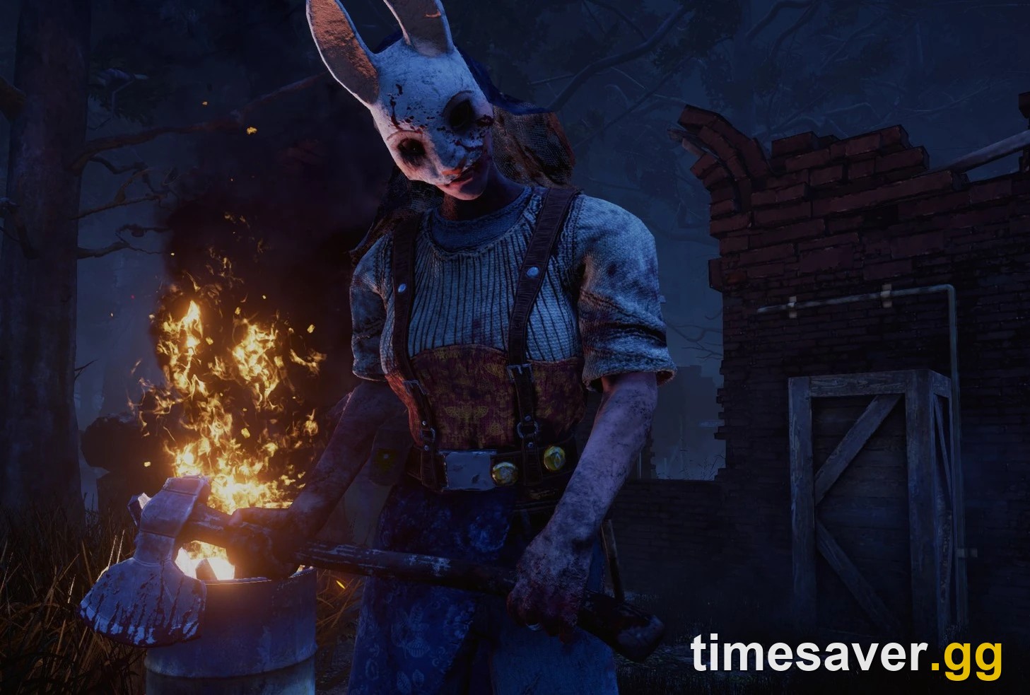 The Huntress in Dead by Daylight wearing her bloodstained white rabbit mask and holding her broad axe across her body in a burning forest clearing