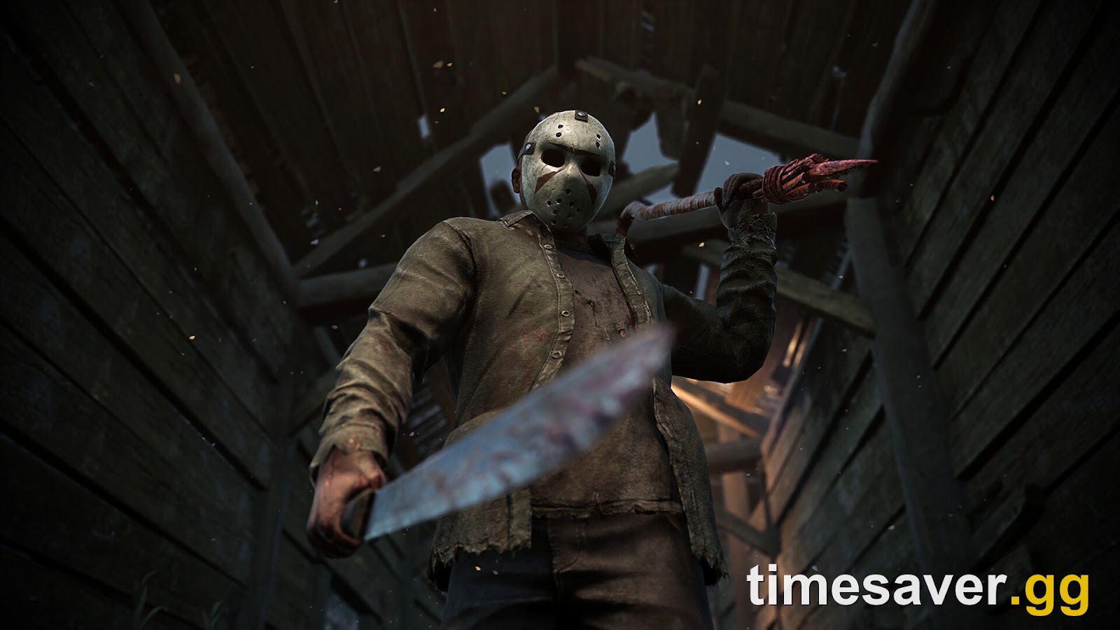Low-angle official Dead by Daylight screenshot of The Slasher standing inside a ruined wooden cabin holding a bloodied weapon over his shoulder