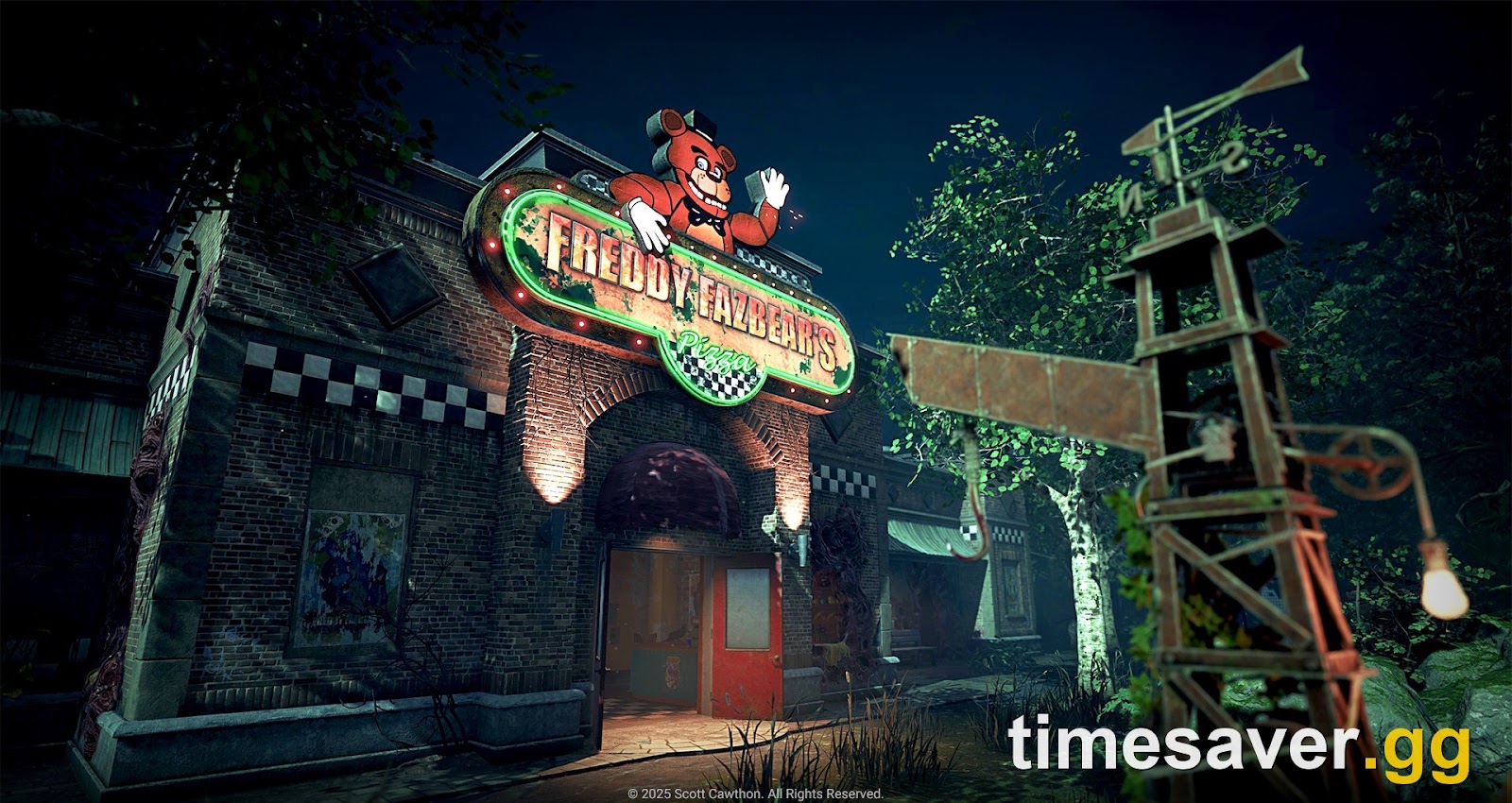 Freddy Fazbear's Pizza entrance at night in Dead by Daylight, one of the four Withered Isle maps