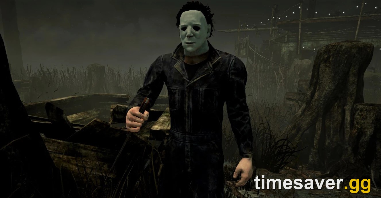 Michael Myers, The Shape, standing full-body with his kitchen knife on a murky outdoor Dead by Daylight map surrounded by reeds and wooden wreckage