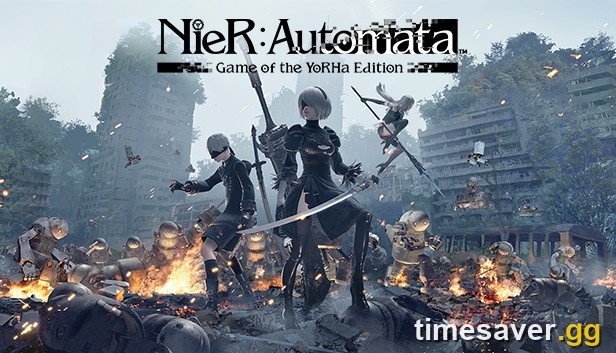 Official NieR: Automata Game of the YoRHa Edition key art showing 2B, 9S and A2 fighting machine lifeforms in a ruined overgrown city