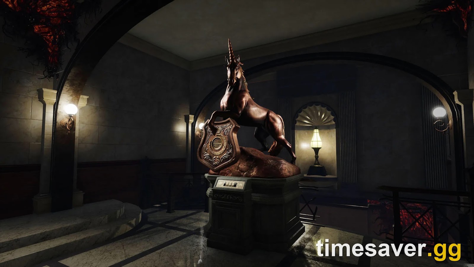 The unicorn statue and police crest in the main hall of the Raccoon City Police Station map in Dead by Daylight