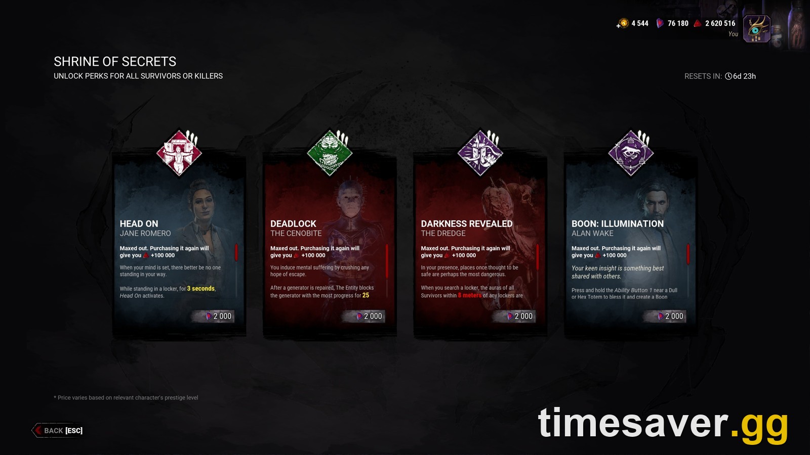 In-game Dead by Daylight Shrine of Secrets menu showing four perk cards, their Iridescent Shard prices and the reset countdown