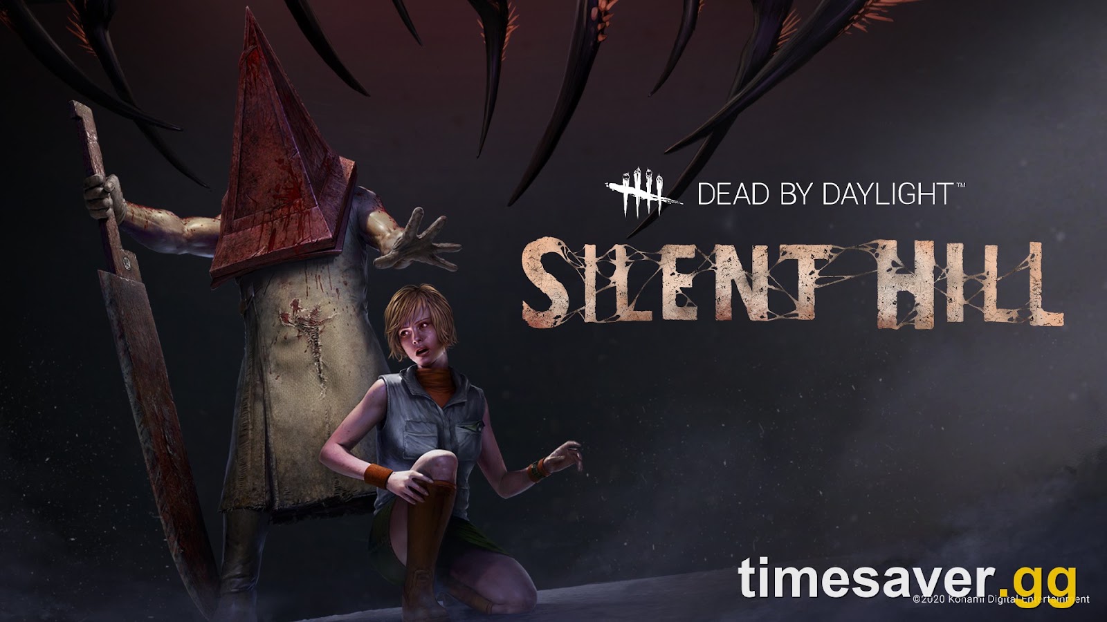 Official Dead by Daylight Silent Hill chapter key art with The Executioner standing behind Cheryl Mason inside black Entity tendrils