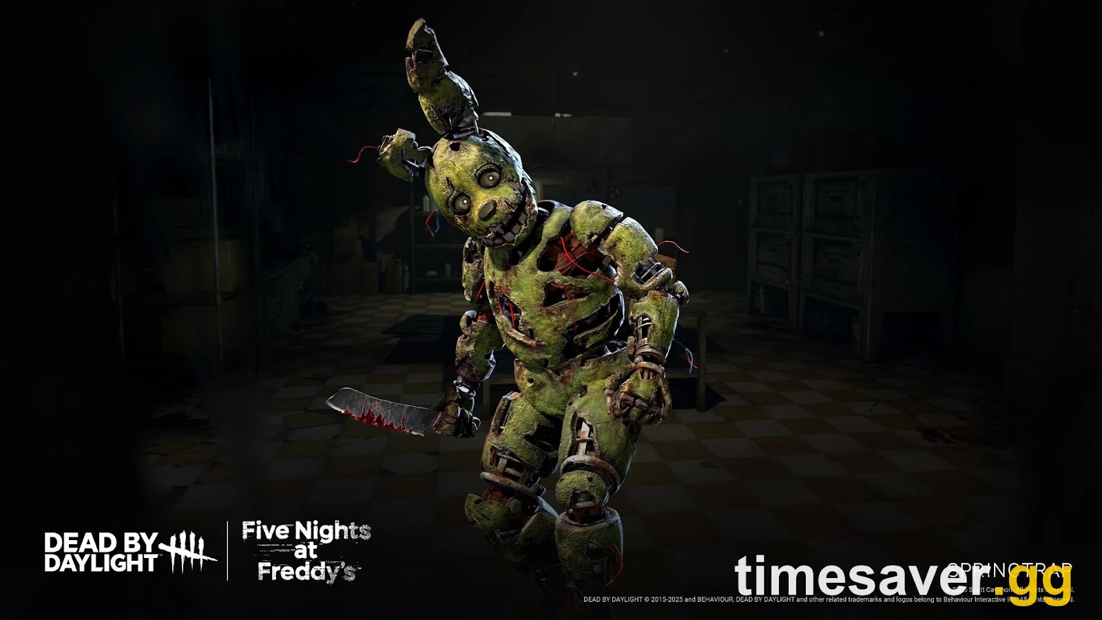 Dead by Daylight Five Nights at Freddy's chapter key art showing Springtrap, the decayed yellow-green rabbit animatronic, holding a bloodied blade