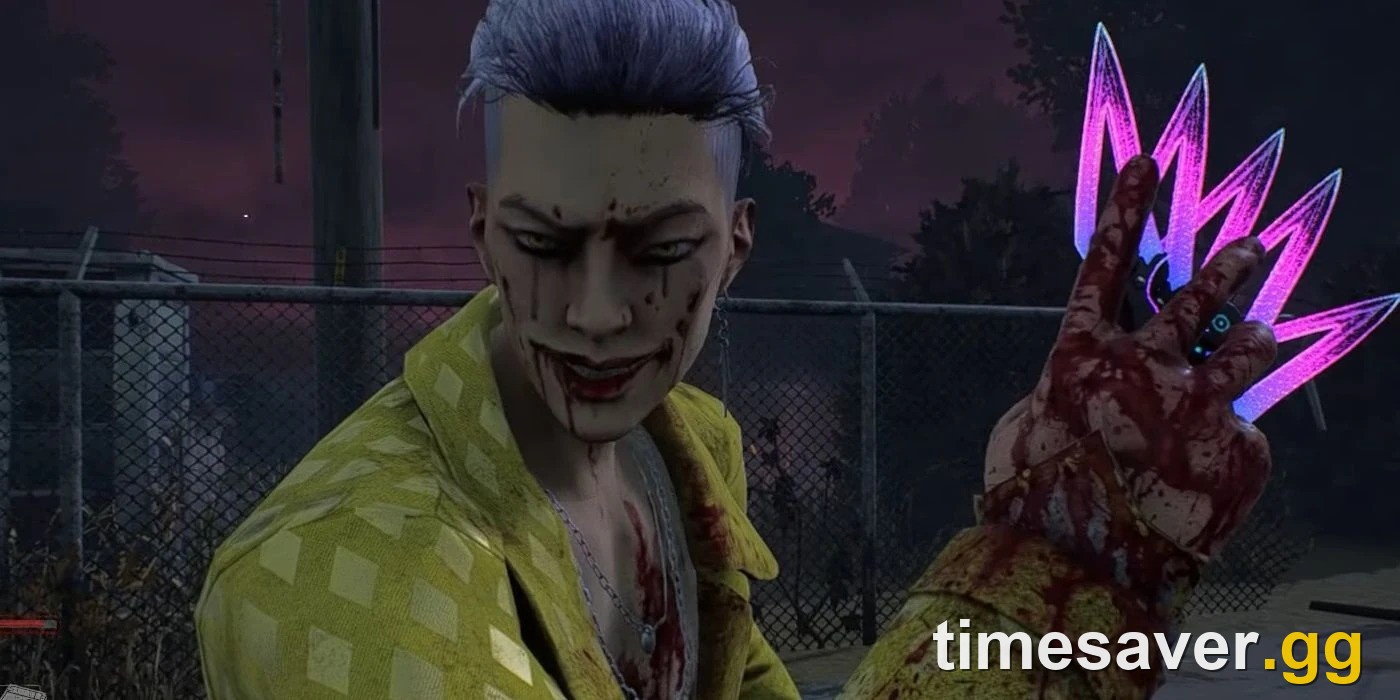 In-game Dead by Daylight screenshot of The Trickster in his yellow coat holding a fan of glowing pink blades during a mori