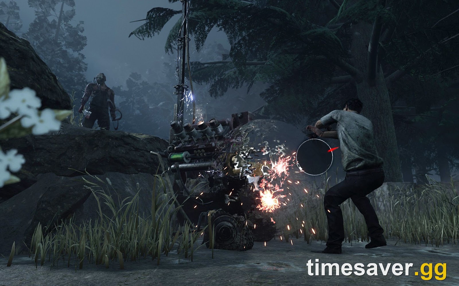 A Dead by Daylight Survivor hitting a skill check on a sparking Generator while the Trapper closes in from the treeline, the exact scenario Distressing's new repair penalty applies to
