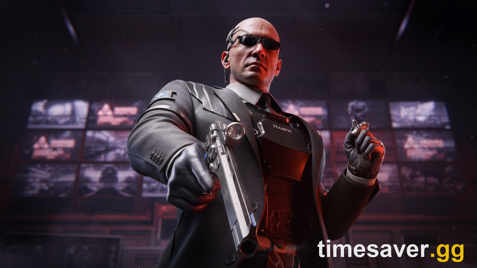 Official Delta Force key art of Neural Device Agent H1000, the AZ3 Nuclear Plant boss, holding a silver pistol in front of a wall of security monitors