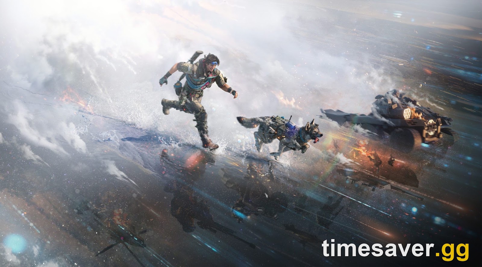 Delta Force Season Reorientation 2nd anniversary key art — operator Rover and his combat dog sprinting through water beside an armored vehicle