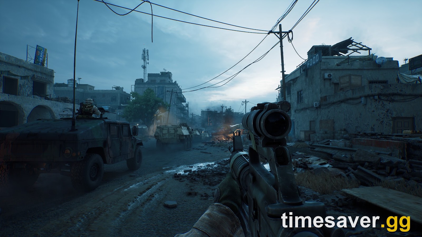 Delta Force first-person street fight beside armored vehicles in a ruined city at dusk