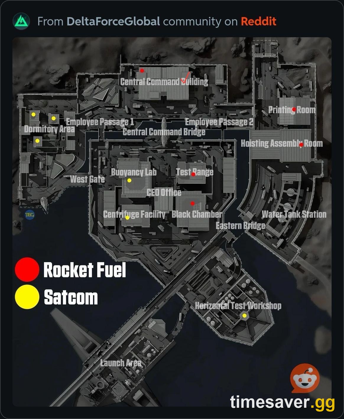 Delta Force Space City Operations map annotated with Rocket Fuel (red) and G.T.I. Satcom Antenna (yellow) spawn zones