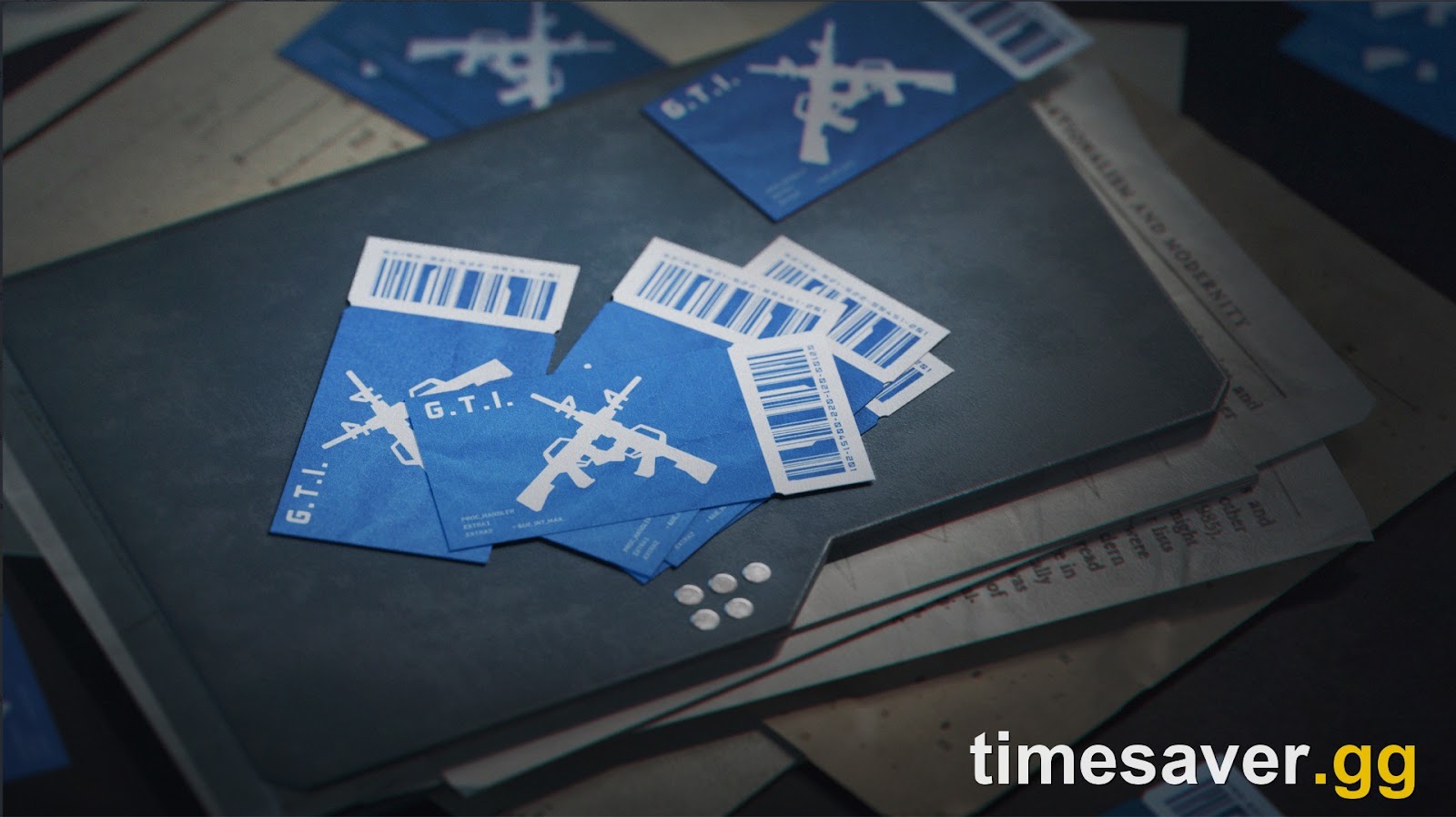Official Delta Force Tactical Armament Giveaway art showing a pile of blue G.T.I. armament vouchers with barcodes on a dark folder