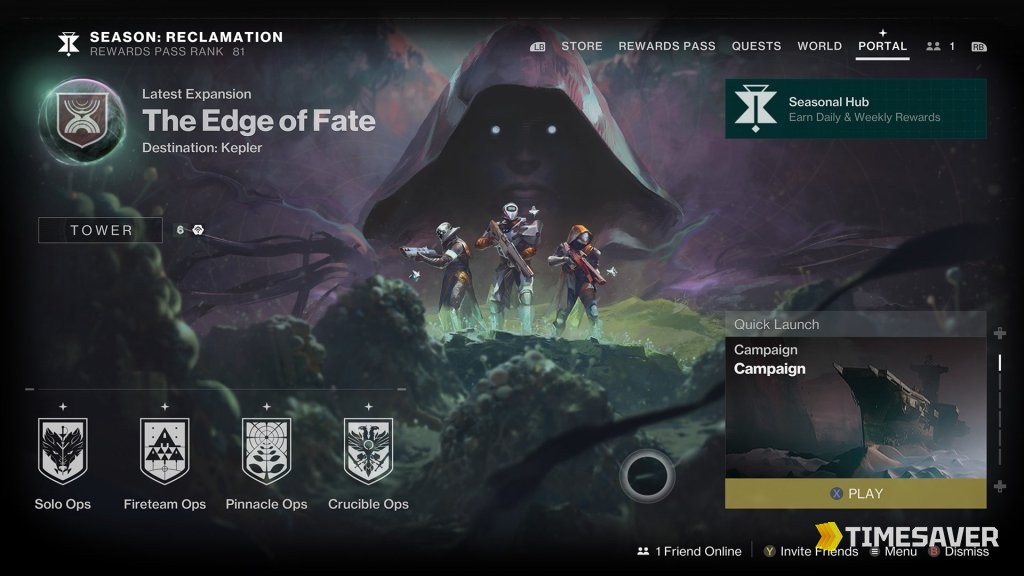 Destiny 2 The Edge of Fate Portal hub screen showing Solo Ops, Fireteam Ops, Pinnacle Ops and Crucible Ops — the activities that drop Enhancement Cores