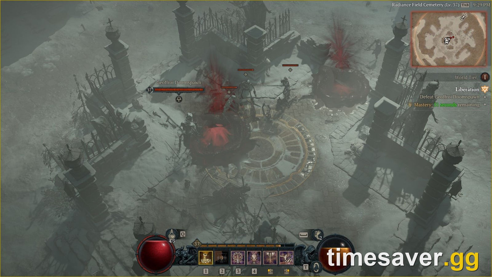 Diablo 4 Season 15 combat gameplay with a character fighting through enemies while farming Legendary and Mythic loot