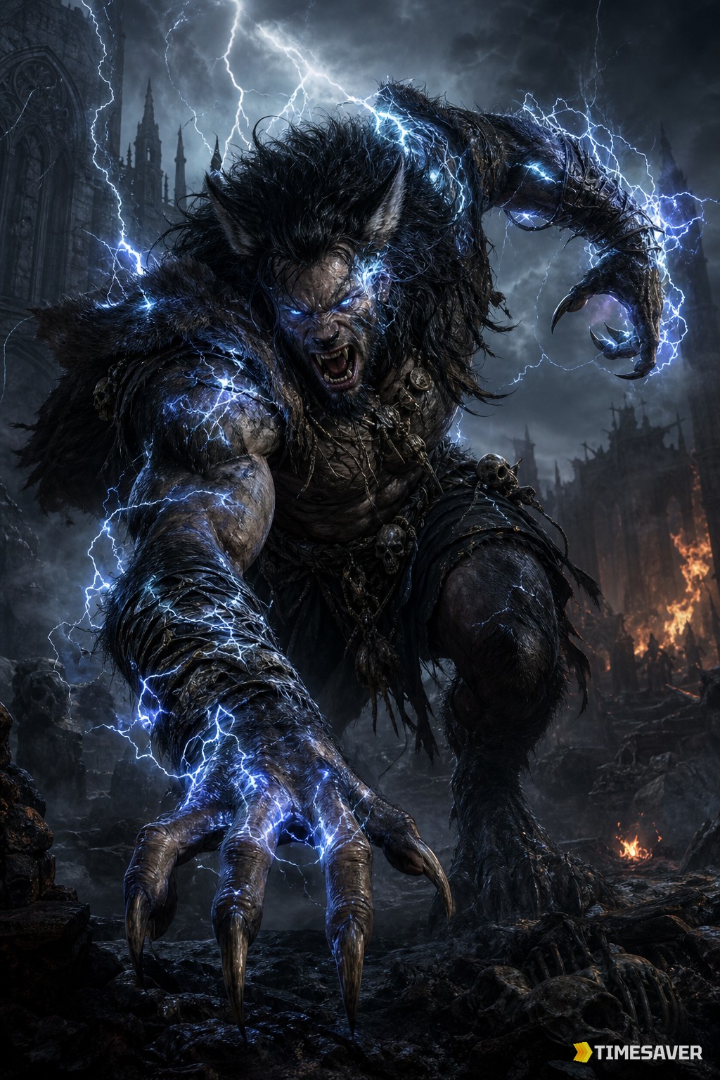 Diablo 4 werewolf Druid mid-shapeshift with lightning-infused claws in Season 14 Death Awakening — the buffed Shred Druid build