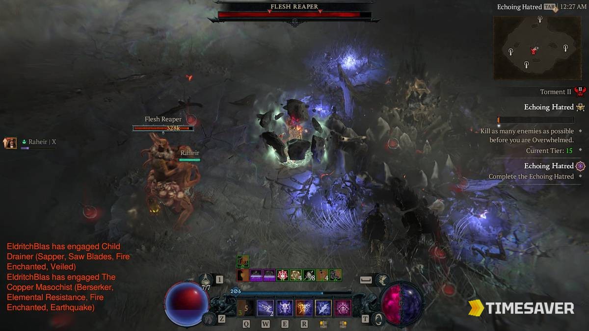 Diablo 4 Echoing Hatred gameplay HUD showing the Overwhelm objective, Torment difficulty, and the current tier counter