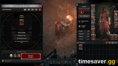 Diablo 4 Blacksmith masterworking interface showing Quality Upgraded panel and material cost for an Ancestral item at Quality 1 of 25