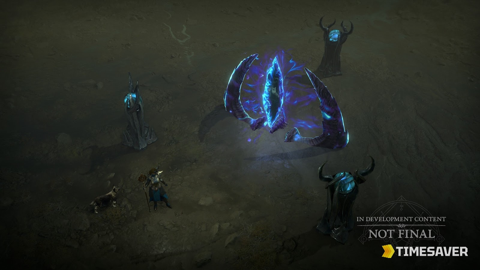 Diablo 4 Season 14 Pandemonium Rupture — a glowing eye-shaped arcane rift flanked by horned Death's Head Idols, a lone hero and pet approaching
