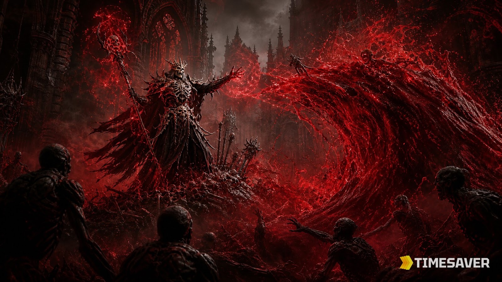 Diablo 4 Necromancer casting a towering Blood Wave over a horde of enemies in Season 14 Death Awakening