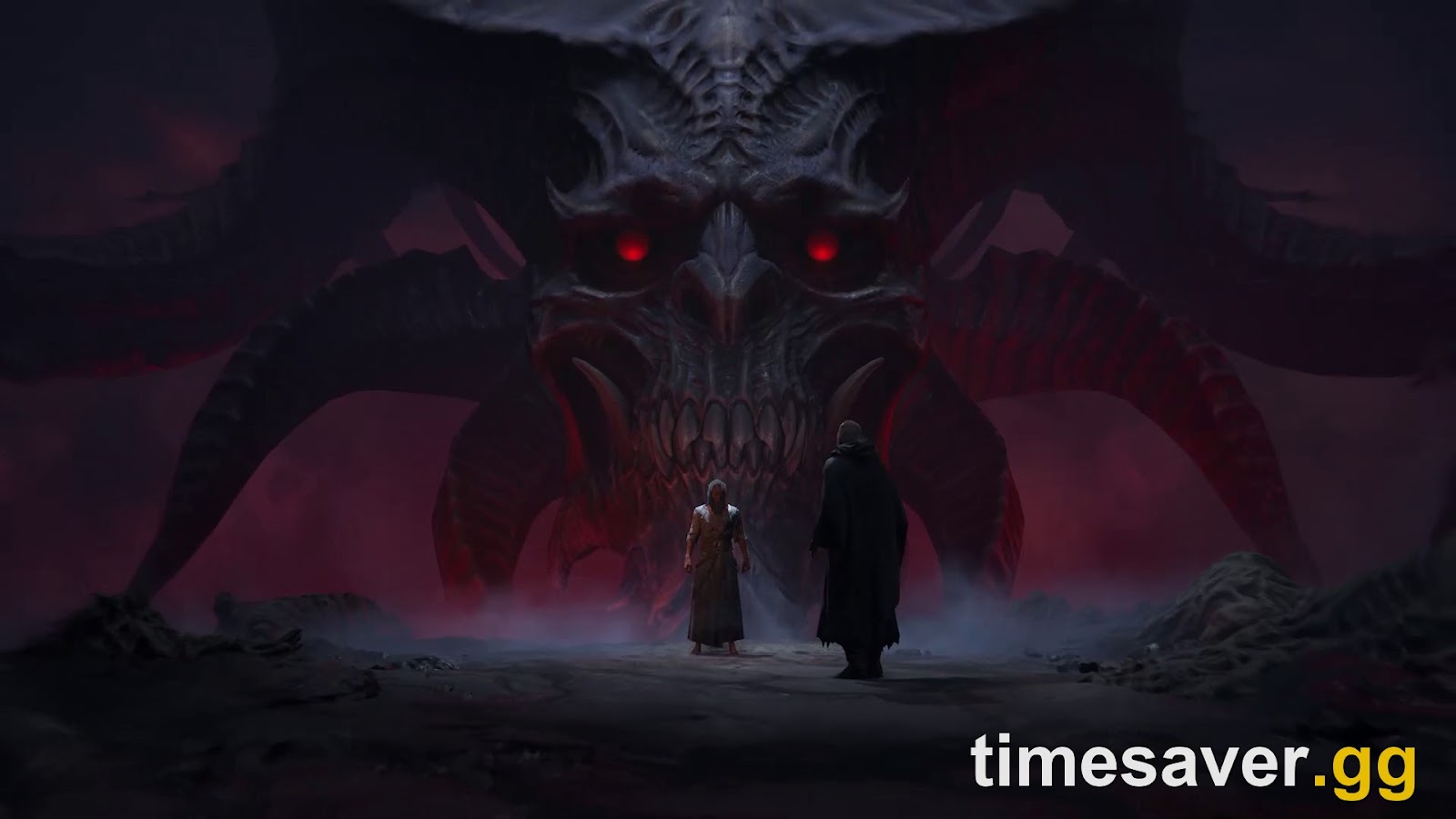 Diablo 4 Uber boss cinematic — a towering demon with glowing red eyes looming over two figures