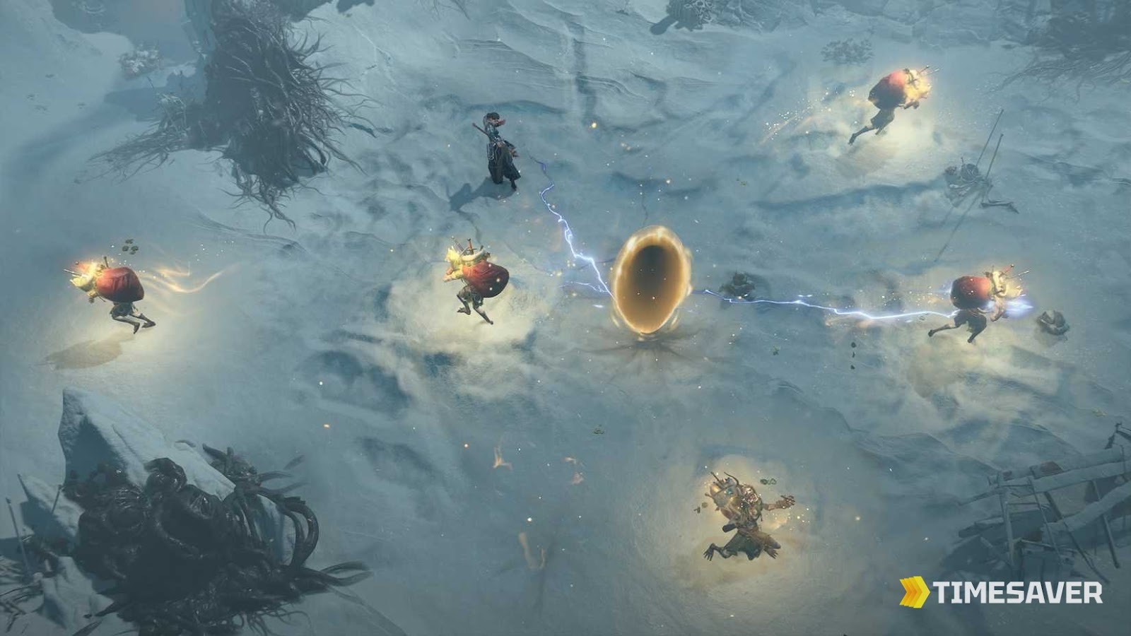 Diablo 4 treasure goblins fleeing across a snowy zone with a gold portal, dropping loot — gold farming in Season 14, Season of Death Awakening