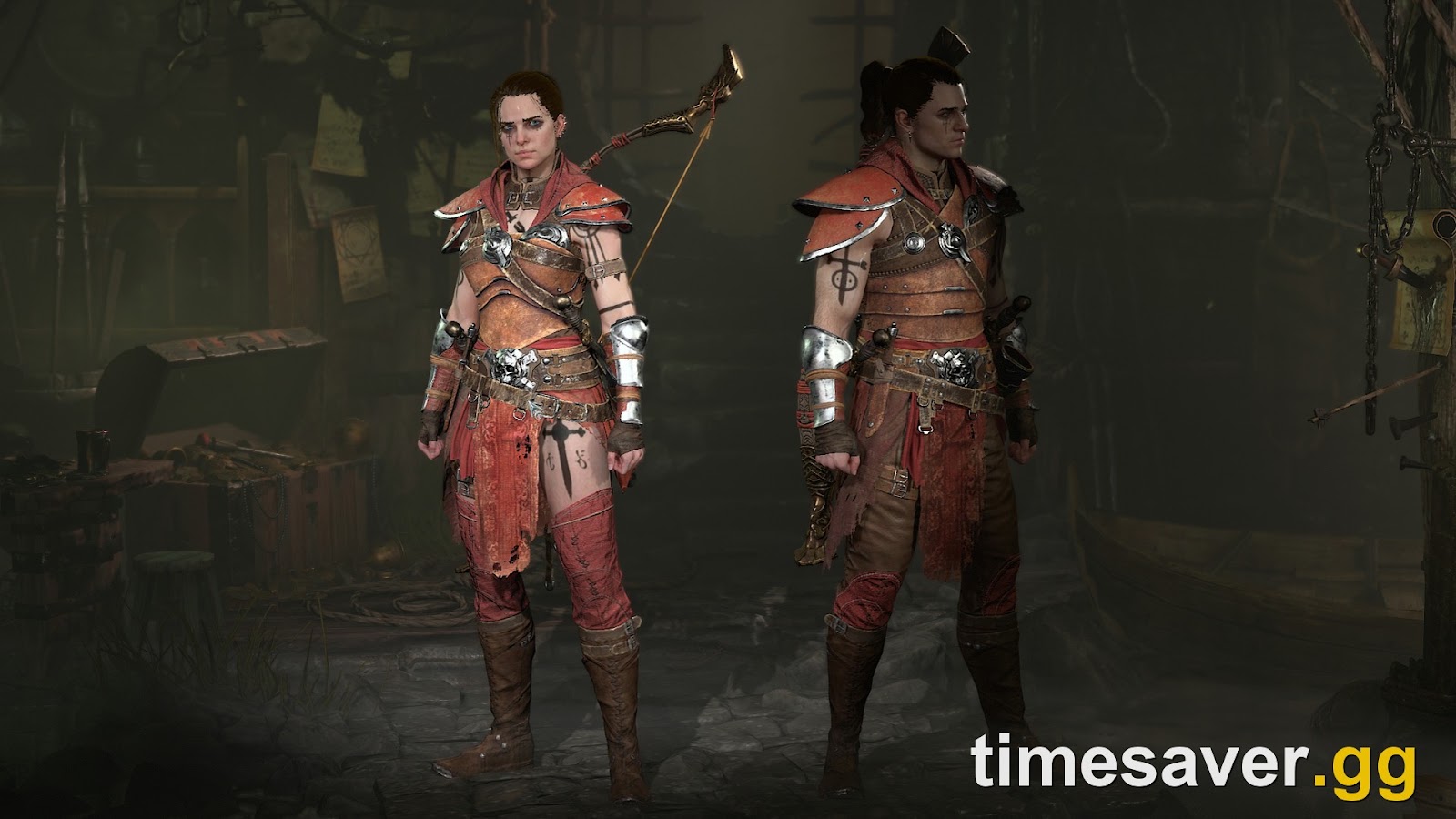 Two Diablo 4 Rogue characters standing in a hideout, evoking a multi-character seasonal roster
