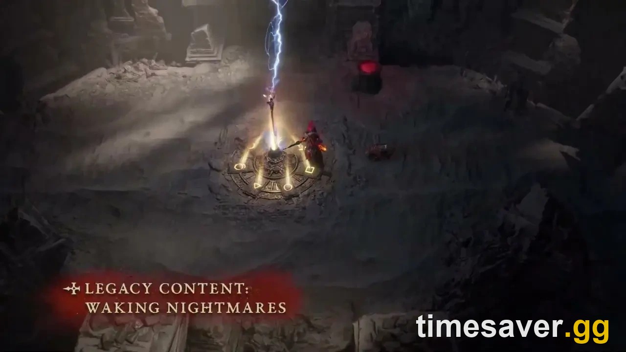 Diablo 4 Season 15 Waking Nightmares dungeon encounter with Legacy Content title card
